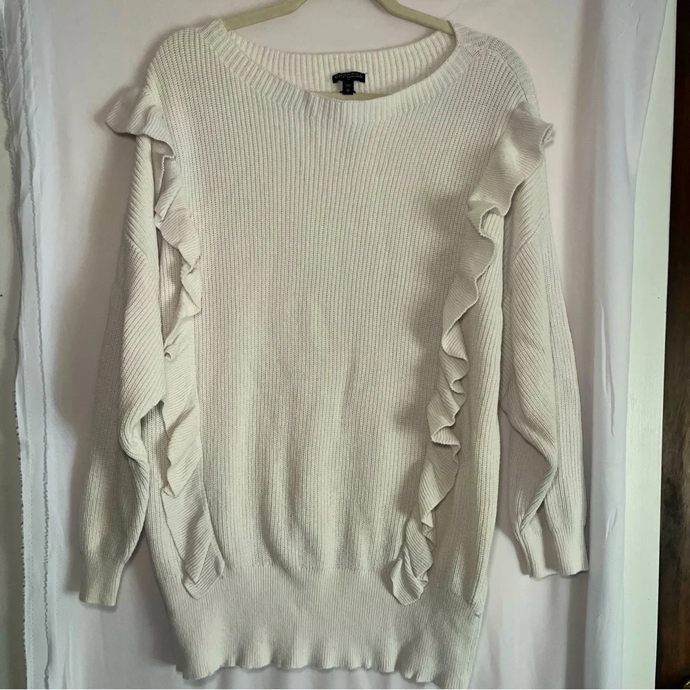 Express Women’s Sweater Sz L Rufffled Drop Sleeve White Cuffed 2018 Cotton - Picture 1 of 14
